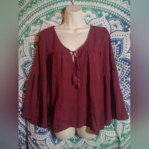 Love Squared Burgundy Bell Sleeve Blouse Lace Trim Tie Neck Boho M